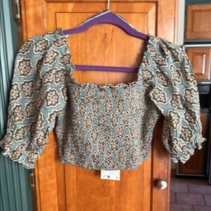 Zara Cream and Green Smocked Square Neck Puff Sleeve Blouse